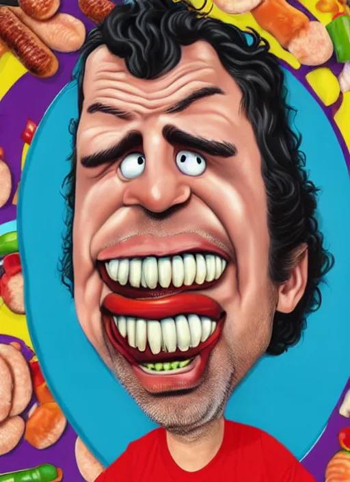 Prompt: hyperrealistic mark ruffalo caricature screaming on a dartboard surrounded by big fat frankfurter sausages with a trippy surrealist mark ruffalo screaming portrait on Spitting Image by and memphis group and aardman animation, mark ruffalo caricature dartboard with hot dogs, mascot, target reticles, dart board