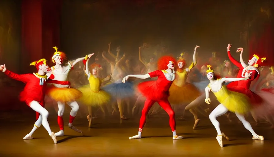 Image similar to highly detailed painting of a group of ronald mcdonalds with red afros, white facepaint, red noses and yellow tracksuits dancing at the ballet by william turner, by greg rutkowski, by william constable, thick brush strokes and visible paint layers, 4 k resolution