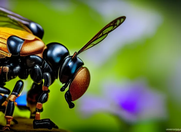 Prompt: super macro of a mechanical robotic cyborg bee drinking from a flower in the forest. fantasy magic style. highly detailed 8 k. intricate. nikon d 8 5 0 3 0 0 mm. award winning photography.