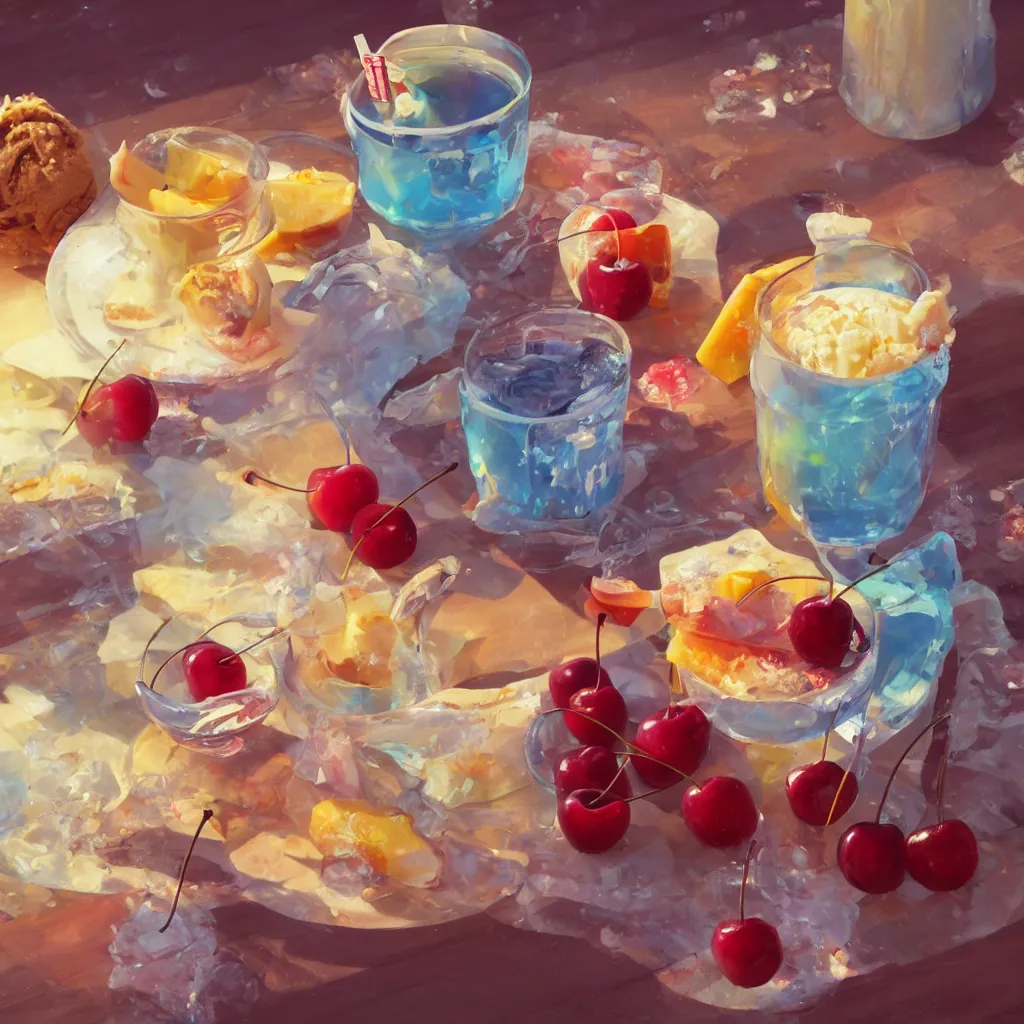 Image similar to a still life painting of cold drinks, ice cream, cherry embellishment, in the style of makoto shinkai, dreamy, soft, global illumination, radiant light, intricate environment, luminescence, highly detailed, 8 k