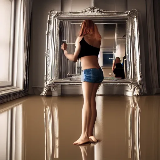 Image similar to a woman in a crop top and shorts, standing in a room with mirrors on every surface, reflections, shiny, highly detailed, 8k, octane render, hyperrealistic