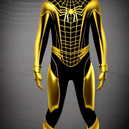 Image similar to gold spider - man suit with black web lining, cinematic, volumetric lighting, realistic, hyperdetailed, photorealistic, photograph