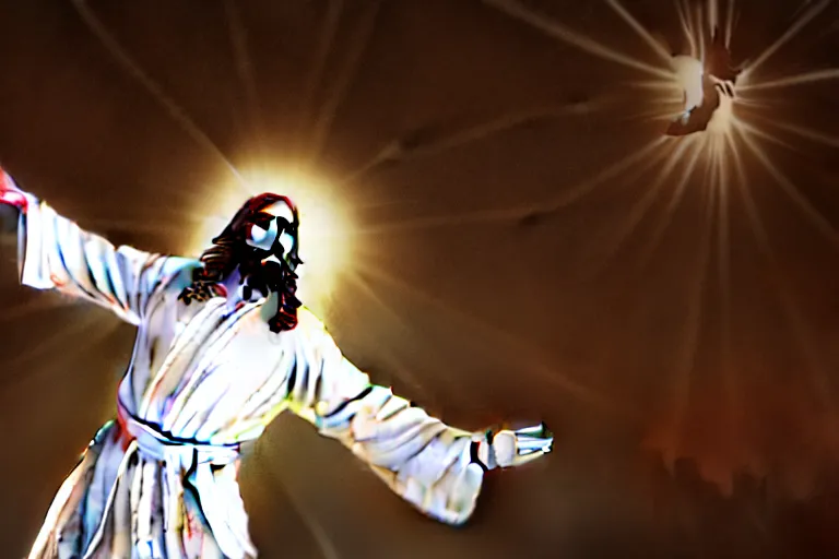 Image similar to jesus christ wearing a white robe strikes a dance pose as the world burns around him, intricate, hyper detailed, accent lighting, dramatic light, 4 k octane render ; renaissance painting