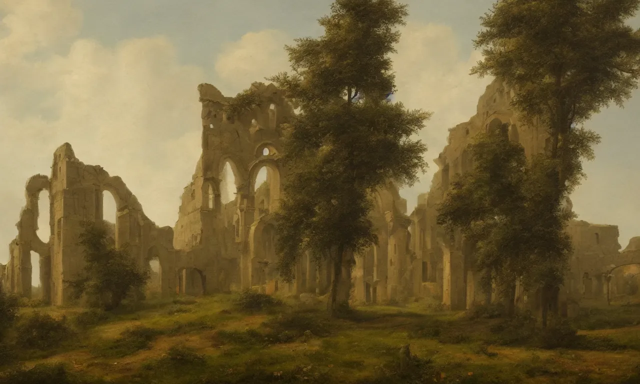 Prompt: a very detailed oil painting of the ruins of a Romanesque monastery, some trees in the background, foggy, artstation, 8k, by Bosch