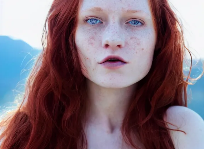 Image similar to close up portrait photograph of a thin young redhead woman with russian descent, sunbathed skin, with deep blue eyes. Wavy long maroon colored hair. she looks directly at the camera. Slightly open mouth, face takes up half of the photo. a park visible in the background. 55mm nikon. Intricate. Very detailed 8k texture. Sharp. Cinematic post-processing. Award winning portrait photography. Sharp eyes.