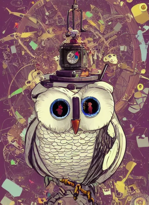 Image similar to anthropomorphic wise wealthy white - owl travels through time via steampunk portals, pixiv fanbox, dramatic lighting, maximalist pastel color palette, splatter paint, pixar and disney exploded - view drawing, graphic novel by fiona staples and dustin nguyen, peter elson, alan bean, wangechi mutu, clean cel shaded vector art, trending on artstation