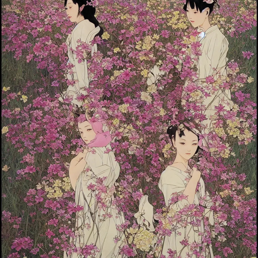 Image similar to oil painting, long shot, beautiful floralpunk japanese girl illustration walking in a park, detailed patterns art of japan traditional dress, flower pop art, floral splash painting, art by ashley wood, alphonse mucha, makoto shinkai, geof darrow, dark shadow