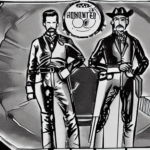 Image similar to hand drawn image of wyatt earp and doc holliday standing on the deck of a futuristic spacecraft with gears and unknown alien hydro technology, inspired by the movie interstellar, high detail, ultra realistic