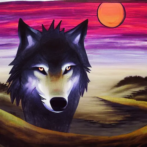 Prompt: wolf okami!!!!!!! resting under a sky full of stars, by a deep!! river, calm, acrylic on canvas, okami, okami, okami, okami, okami, okami