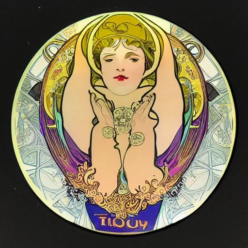 Image similar to trippy vinyl record picture disk designed by mucha, art nouveau style