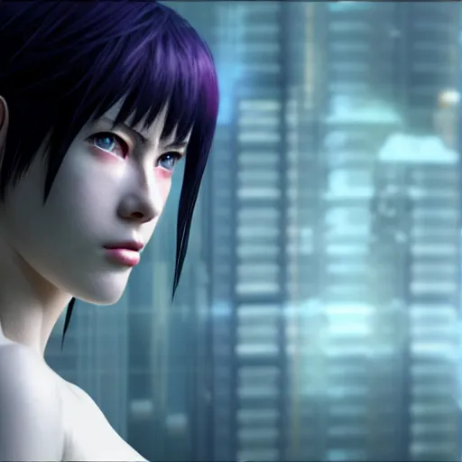 Image similar to « highly detailed, pretty ghost in the shell, photorealistic, enreal engine 5 »