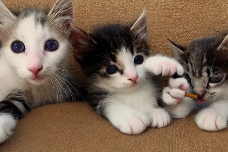 Prompt: kittens having a cigarette break