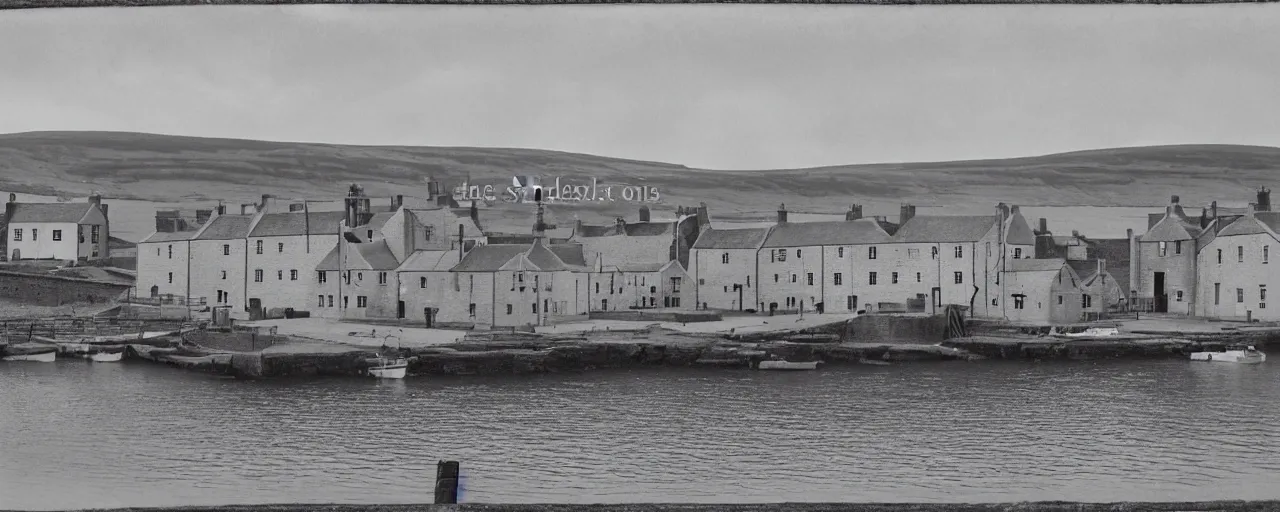 Prompt: a tintype photograph of the harbour at Stromness orkney