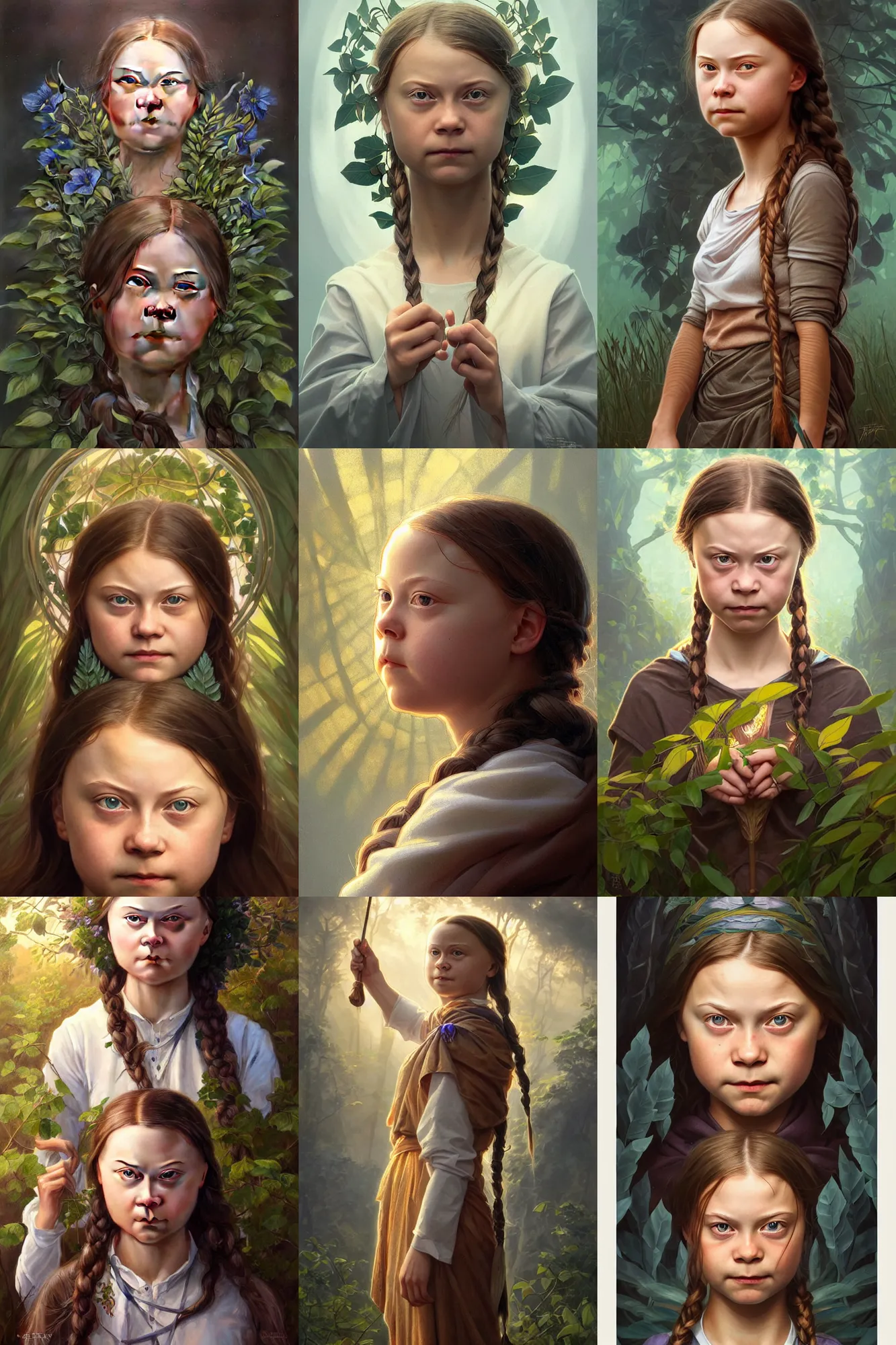 Prompt: greta thunberg goddess of nature, realistic portrait, symmetrical, highly detailed, digital painting, artstation, concept art, smooth, sharp focus, illustration, cinematic lighting, art by artgerm and greg rutkowski and alphonse mucha