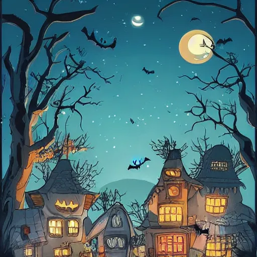 Image similar to a whimsical halloween night in a village in the style of studio ghibli by miyazaki