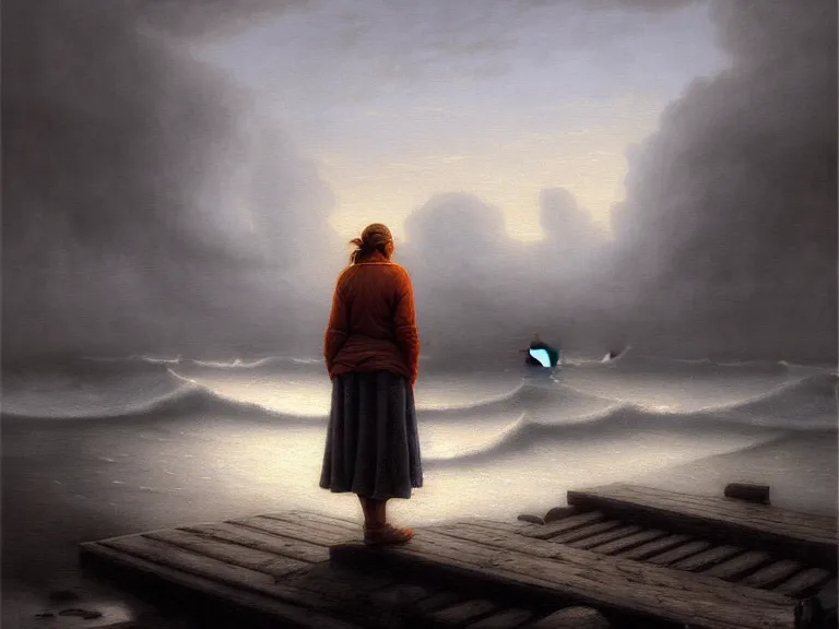 Image similar to a woman standing on a forgotten wharf on a cold sea by rob gonsalves and roberto ferri and julie bell and ruth deckard and hubert robert, crisp details, hyperrealism, high detail, high contrast, low light, grey mist, cobblestones, orange candle flames