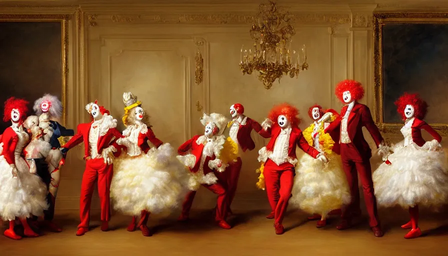 Prompt: highly detailed painting of a group of ronald mcdonald clowns with red afros, white facepaint, red noses and yellow waltzing gracefully at a prestigious event in the ballroom by william turner, by greg rutkowski, by william constable, thick brush strokes and visible paint layers, 4 k resolution