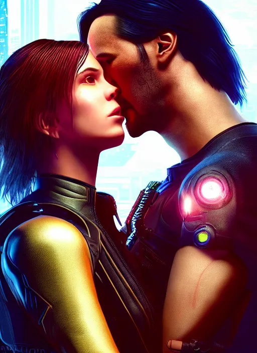 Image similar to a cyberpunk 2077 couple portrait of a Keanu Reeves as johnny silverhand and a female android in final kiss,love,fantasy, intricate, elegant,film lighting,artstation,deviantart,FAN ART,full of color,Digital painting,face enhance,highly detailed,8K,octane,golden ratio,cinematic lighting