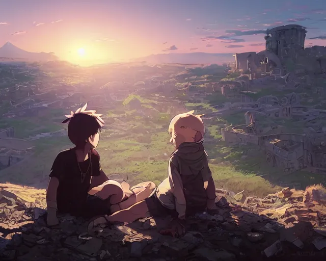 Image similar to a boy and a girl sitting on a hill overlooking the apocalyptic ruins of a city, rubble, ruins, post-apocalyptic, gloomy, end of the world, dust. By Makoto Shinkai, Stanley Artgerm Lau, WLOP, Rossdraws, James Jean, Andrei Riabovitchev, Marc Simonetti, krenz cushart, Sakimichan, D&D trending on ArtStation, digital art.