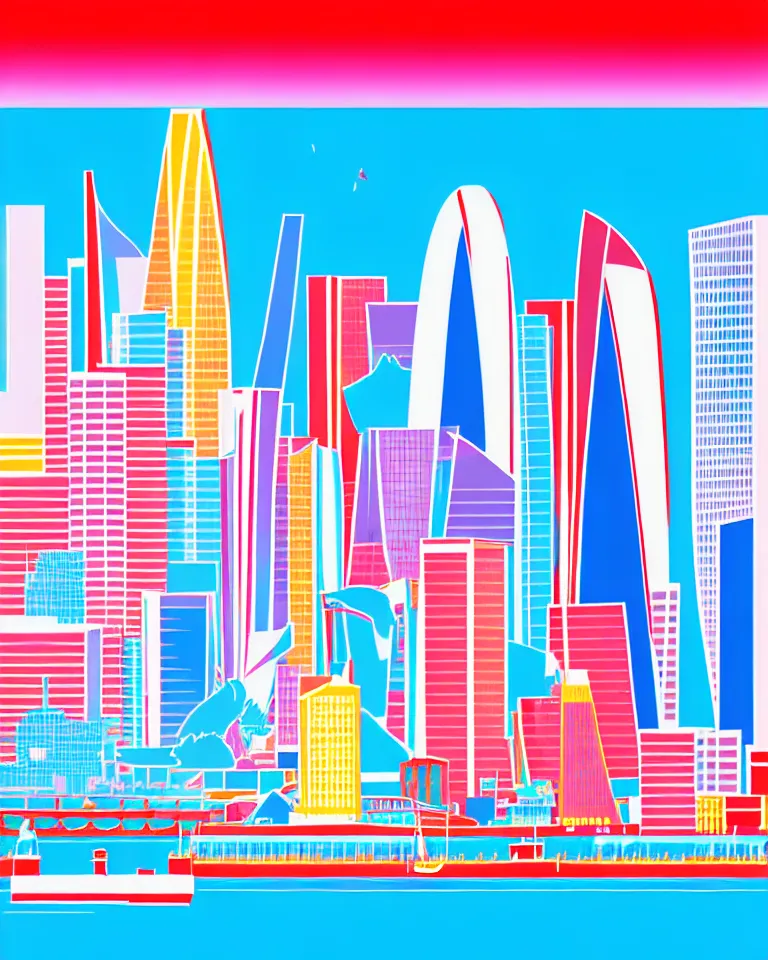 Prompt: clear sunny day, onlooking the beautiful city of london, bright colors, in the style of hiroshi nagai, very detailed