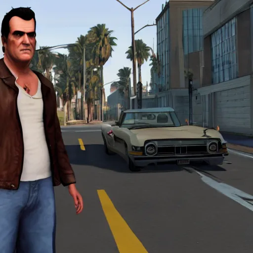 Image similar to a screenshot of bruce campbell in gta 5. 3 d rendering. unreal engine. amazing likeness. very detailed. cartoon caricature