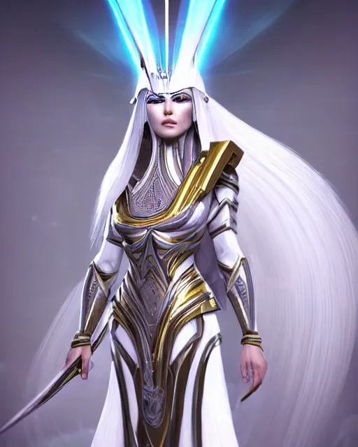 Image similar to perfect white haired attractive egyptian goddess, warframe armor, pharaoh headdress, beautiful, symmetric, dreamy, half asian, pretty face, green eyes, charlize theron, detailed, scifi platform, laboratory, experiment, 4 k, ultra realistic, epic lighting, android body, illuminated, cinematic, masterpiece, art by akihito tsukushi, voidstar