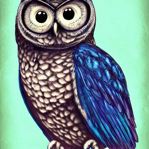 Image similar to an anthromorphised owl, wearing a blue suit, digital art, 4 k