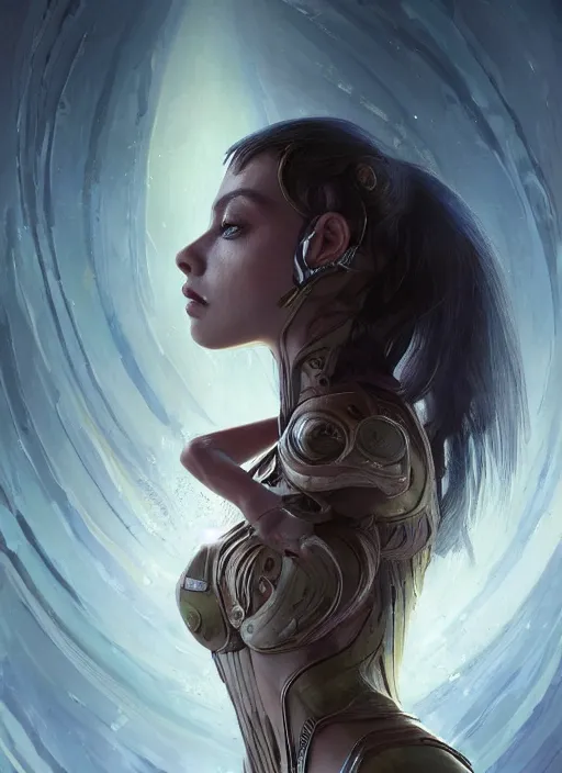 Image similar to a professional painting of a beautiful young female alien, clothed in ethereal armor, olive skin, long dark hair, beautiful bone structure, symmetrical facial features, intricate, elegant, digital painting, concept art, smooth, sharp focus, illustration, from Valerian and the City of a Thousand Planets, by Ruan Jia and Mandy Jurgens and Artgerm and William-Adolphe Bouguerea