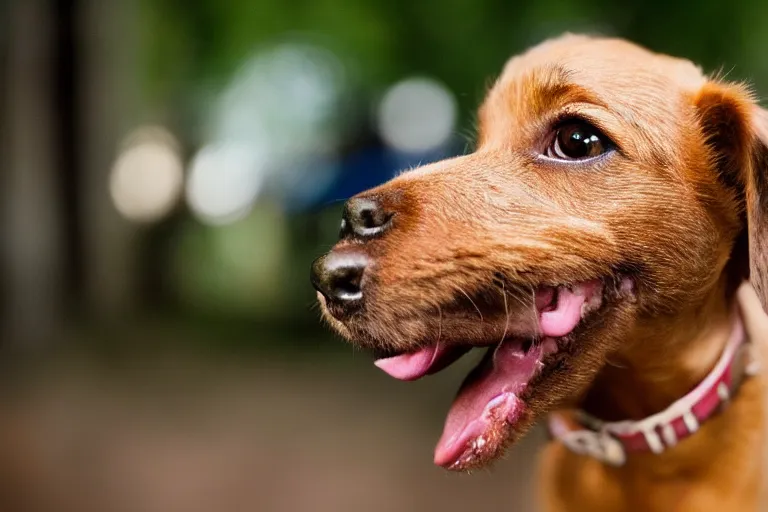 Image similar to closeup portrait of a small brown dog licking its nose with its tongue in central park, natural light, sharp, detailed face, magazine, press, photo, Steve McCurry, David Lazar, Canon, Nikon, focus