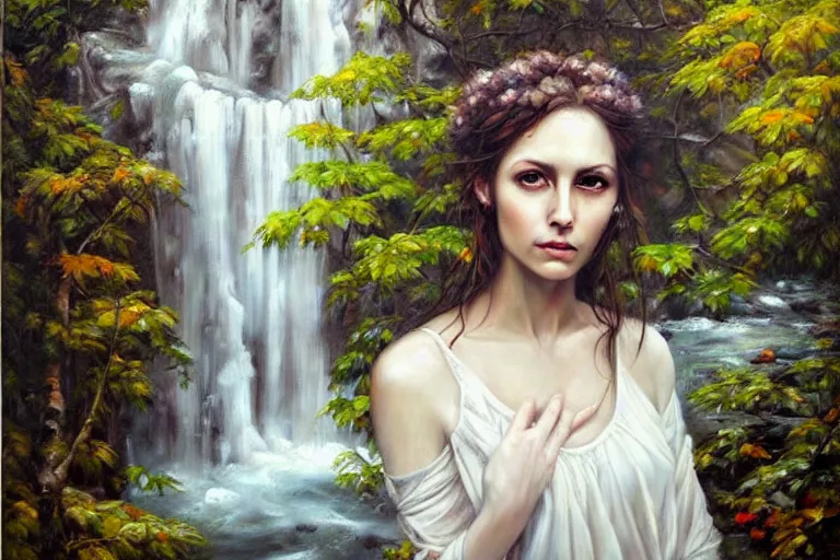 Prompt: portrait of a beautiful pale woman, nature elements, waterfalls, painting, by dimitra milan, by tim okamura.