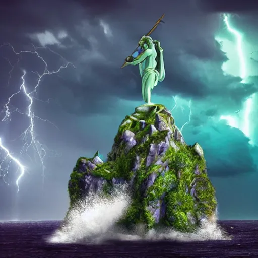 Image similar to gigantic marble statue of the goddess of the sea wielding a trident on an island. roiling waves at the base. scene lit by lightning. thunderclouds in the background. fantasy setting. magicians praying to the statue. purples and greens. fantasy aesthetic. extremely detailed. 4 k