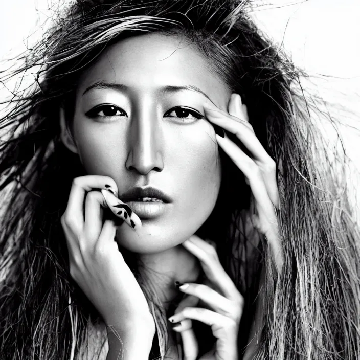 Image similar to young beautiful woman dichen lachman, gorgeous face, black and white photography portrait, skin grain detail, high fashion, full - body, 8 k,, ultra sharp focus, tropical background, photography by richard avedon, and paolo roversi and nick knight, and hellmut newton, victoria siemer, kirsty mitchell, laura zalenga