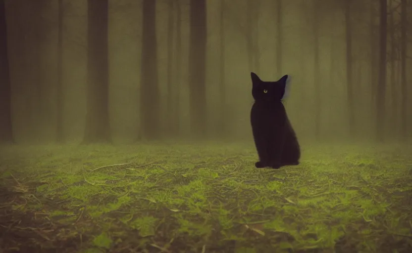 Prompt: black cat in the wood, mist, pinhole effect, lomography photo, analogue photo low quality, glares effect, blur