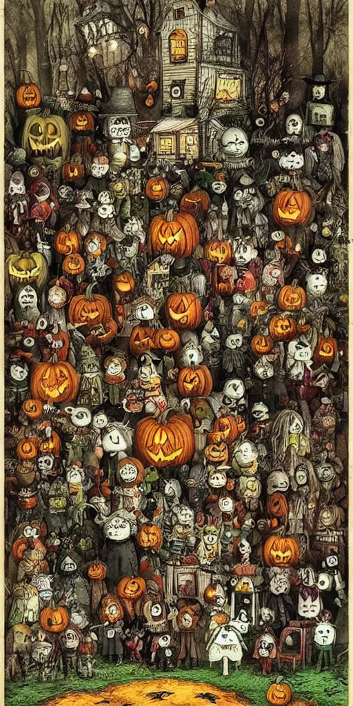 Prompt: a vintage halloween scene by alexander jansson and where's waldo