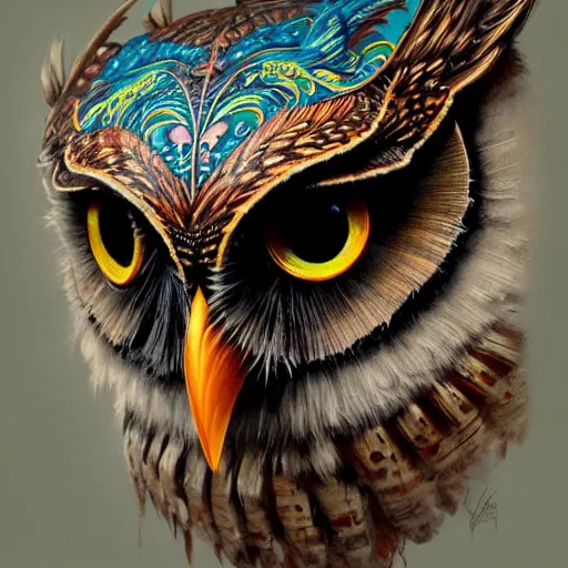 Prompt: a ultradetailed beautiful concept art of a an intricate wooden mask of an owl painted with beautiful colors, but the mask seems to hide some dark secret, photorealism, concept art, sharp details, high resolution 4 k, by tom bagshaw, greg rutkowski, charli bowater and artgeem