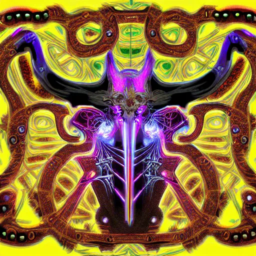 Image similar to biomechanical baphomet sigil merged with mainframe circuitry, multicolored digital art