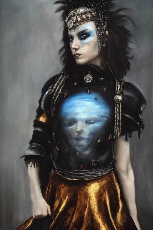 Image similar to hyperrealism oil painting, close - up portrait of punk gothic medieval brunette fashion model, knight, steel gradient mixed with nebula sky, in style of baroque