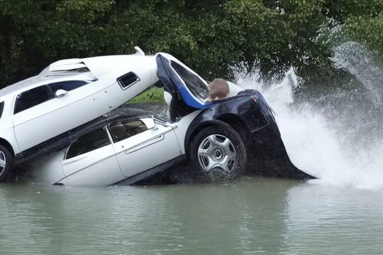 Image similar to Group of teenagers push Rolls-Royce into lake with their hands from a small slide wanting to drown him