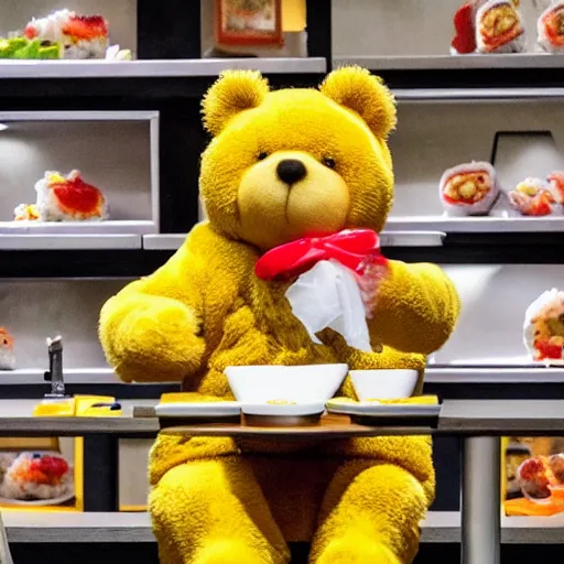 Prompt: Yellow teddy bear wearing red shirt eating sushi at a restaurant, realistic, highly detailed