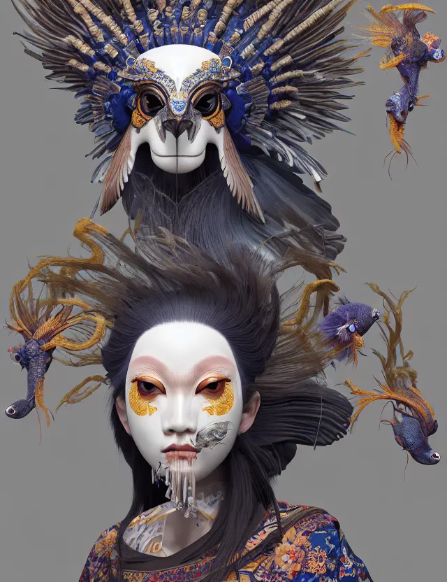 Image similar to 3 d goddess close - up profile portrait russian with ram skull. beautiful intricately detailed japanese crow kitsune mask and clasical japanese kimono. betta fish, jellyfish phoenix, bio luminescent, plasma, ice, water, wind, creature, artwork by tooth wu and wlop and beeple and greg rutkowski