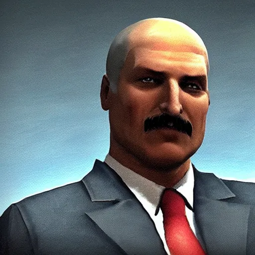 Image similar to Alexander Lukashenko wearing a suit and tie in Balmora in Elder Scrolls III: Morrowind, outdated 2002 Morrowind graphics