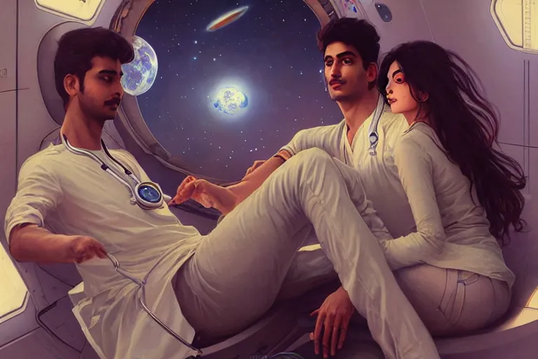 Image similar to Sensual good looking pale young Indian doctors wearing jeans in a space station above Earth, portrait, elegant, intricate, digital painting, artstation, concept art, smooth, sharp focus, illustration, art by artgerm and greg rutkowski and alphonse mucha