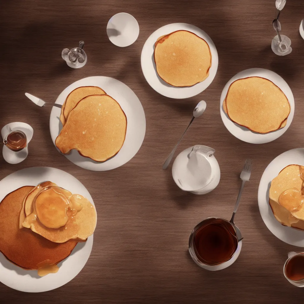 Image similar to A single pancake with too much maple syrup spilling over the sides onto the table, octane render, Unreal Engine, Cinematic, photo realistic