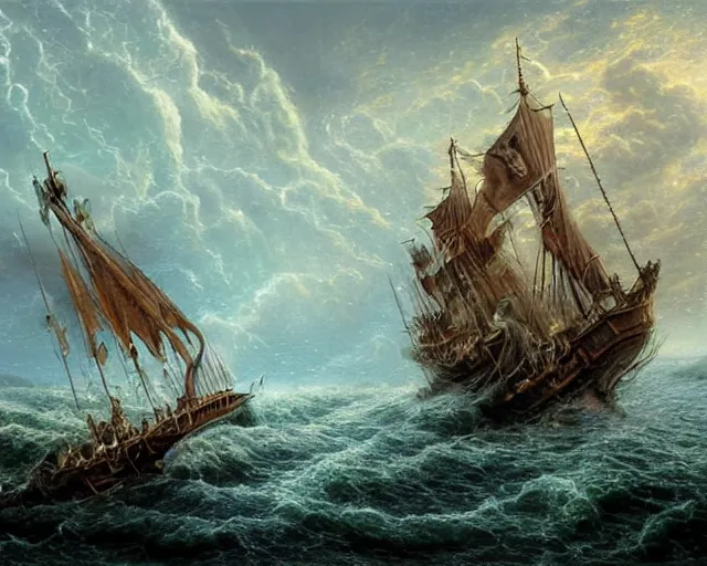 Prompt: death is swallowed up in victory, very detailed and beautiful portrait of a perfect storm, artwork by artgerm, skeletons on a pirate ship, sail made of human skin, ghosts commanding the ship, spirits, wide angle, full body, fantasy, highly detailed, digital painting, artstation, smooth, sharp focus, art by thomas kinkade and william turner and claude joseph vernet
