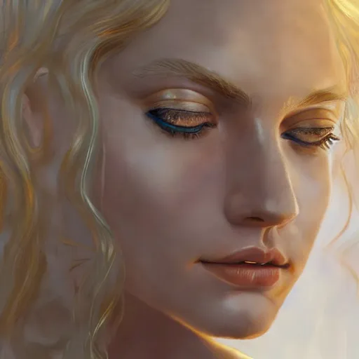 Prompt: Portrait of Helen of Troy, Ancient Greece, face, flowing blonde hair, fantasy, intricate, elegant, beautiful, magical, large blue eyes, luminescent, enchanted, yellow mist, highly detailed, hyper realistic, digital painting, artstation, concept art, smooth, sharp focus, 4k, 8k