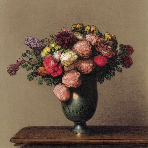 Image similar to Flower bouquet at table in the dinner room, soft light, Gustave Dore colored lithography.