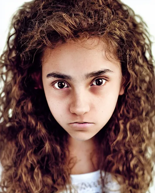 Image similar to photo portrait 1 5 - year old girl with lush brown hair, hermione granger, large front teeth, and bright piercing brown eyes, hyper realistic face, beautiful eyes, by mario testino