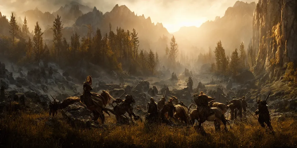 Image similar to the elder scrolls vi, epic battle scene in the mountain valley, atmospheric lighting, painted, intricate, volumetric lighting, beautiful, daytime, sunny weather, slight overcast, golden hour, sharp focus, deep colours, ultra detailed, by leesha hannigan, ross tran, thierry doizon, kai carpenter, ignacio fernandez rios