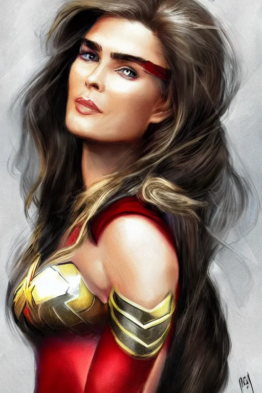 Image similar to portrait of a mix of beautiful young maria shriver, mariel hemmingway, brooke shields and elle macpherson as wonderwoman, thin lips, hair tied up in a pony tail, colorful artstation, cgsociety