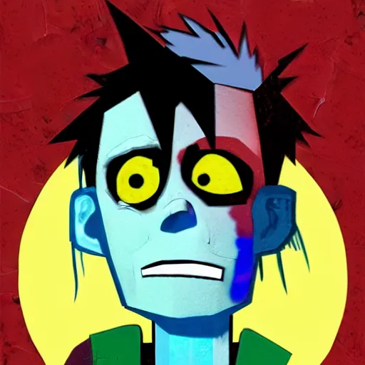 Prompt: a man with messy blue hair and all - black eyes, portrait, gorillaz style, jamie hewlett